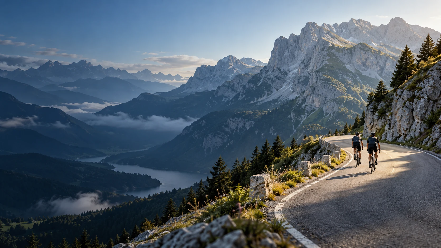 Deux cyclistes sur une route de montagne, paysage d’ambiance