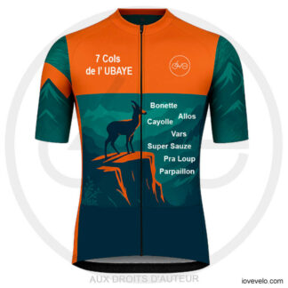 Maillot cycliste orange et bleu Ubaye 7 cols avec illustration chamois et montagnes, liste Bonette Cayolle Allos Vars Super Sauze Pra Loup Parpaillon | LovingBike