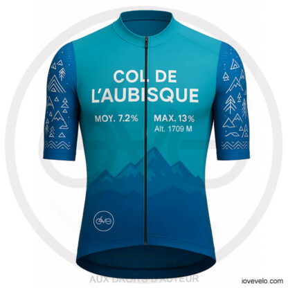Maillot vélo Col de l’Aubisque bleu turquoise avec altitude 1709m, motifs montagne et pin, design dénivelé | LovingBike