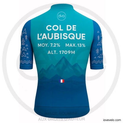 Maillot vélo Col de l’Aubisque bleu turquoise avec altitude 1709m, motifs montagne et pin, design dénivelé | LovingBike
