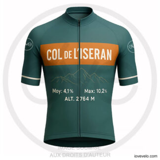 Maillot cycliste Col de l’Iseran vert avec design montagne, bande orange et détails Altitude 2764 m, pente moyenne et max | LovingBike