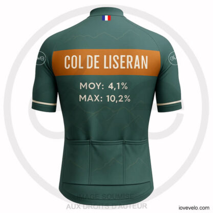 Maillot cycliste Col de l’Iseran vert avec design montagne, bande orange et détails Altitude 2764 m, pente moyenne et max | LovingBike