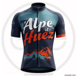 Maillot cycliste Alpe d’Huez bleu nuit, lettrage orange et blanc, montagne stylisée, route en lacets, altitude et pourcentages | LovingBike