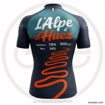 Maillot cycliste Alpe d’Huez bleu nuit, lettrage orange et blanc, montagne stylisée, route en lacets, altitude et pourcentages | LovingBike