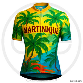 Maillot vélo Martinique tropical jaune bleu avec palmiers, plage et mer, design exotique coloré | LovingBike