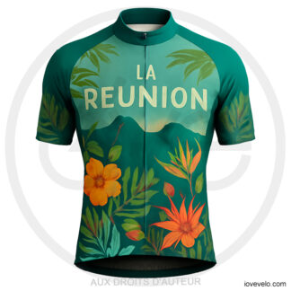 Maillot de vélo La Réunion tropical vert avec fleurs et végétation exotiques, design montagne réunionnaise | LovingBike