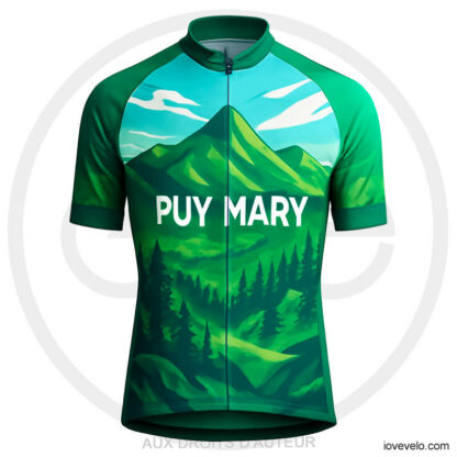 Maillot cycliste Puy Mary vert design volcanique, montagne, forêt de sapins, panorama auvergnat, style massif central | LovingBike