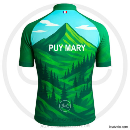 Maillot cycliste Puy Mary vert design volcanique, montagne, forêt de sapins, panorama auvergnat, style massif central | LovingBike