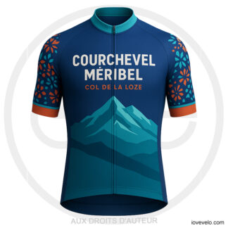 Maillot de vélo bleu avec illustration du Col de la Loze, motifs géométriques colorés sur les manches, inspiration Courchevel Méribel, montagne alpin | LovingBike
