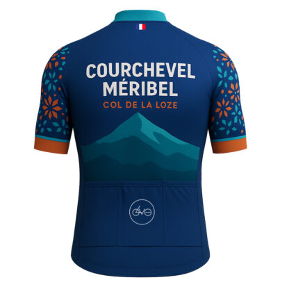 Maillot de vélo bleu avec illustration du Col de la Loze, motifs géométriques colorés sur les manches, inspiration Courchevel Méribel, montagne alpin | LovingBike