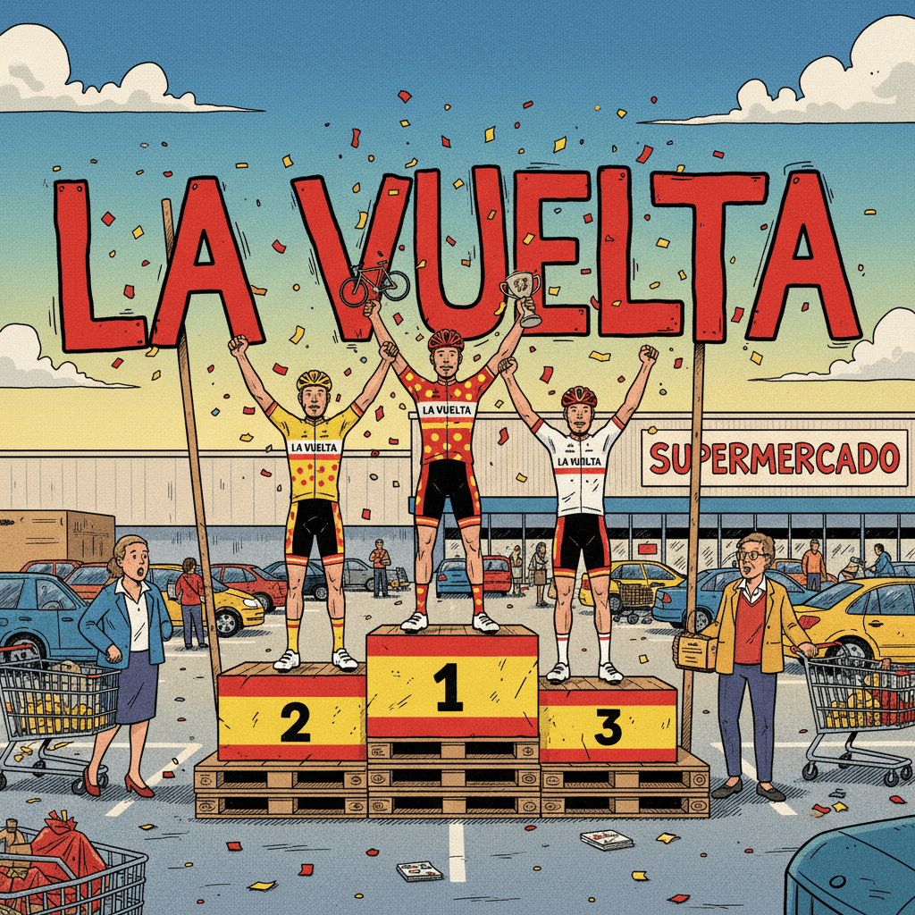 Illustration style BD du podium final de la Vuelta 2025 installé sur le parking d’un supermarché, avec des couleurs vives inspirées du drapeau espagnol et le titre “LA VUELTA” en gros caractères, célébrant les cyclistes gagnants et l’esprit du Tour d’Espagne