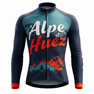 Maillot cycliste été Alpe d’Huez, manches longues bleu sombre rouge cyan, design grimpeur, tracé iconique, exclusivité LovingBike | LovingBike