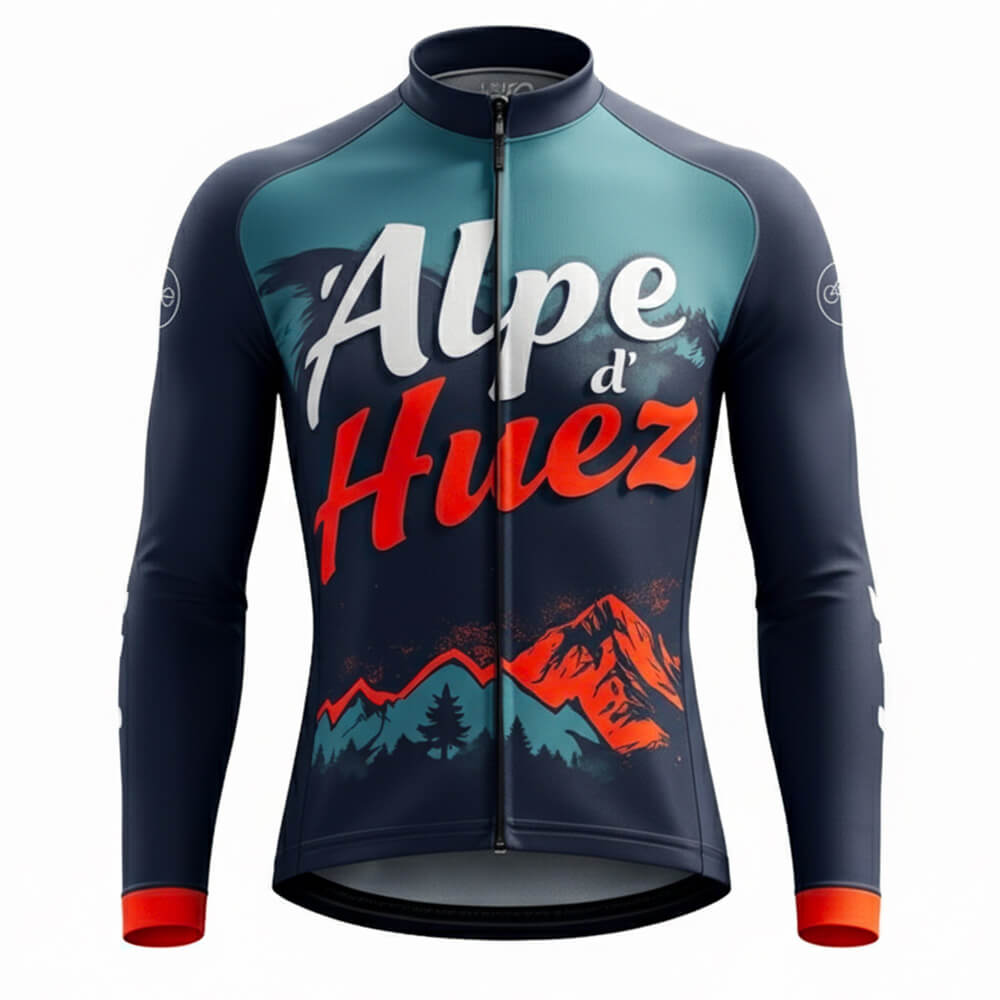 Maillot cycliste été Alpe d’Huez, manches longues bleu sombre rouge cyan, design grimpeur, tracé iconique, exclusivité LovingBike | LovingBike