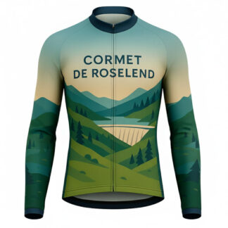 Maillot cycliste été Cormet de Roselend, manches longues vert et beige, design montagne et barrage alpage, exclusivité LovingBike | LovingBike