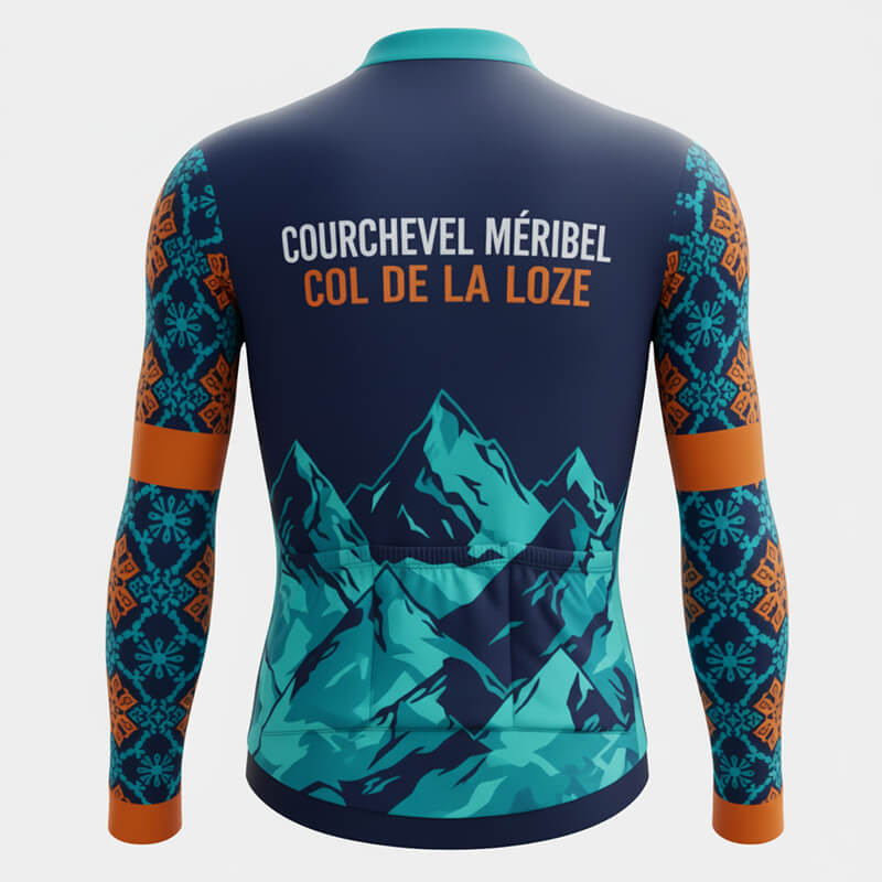 Maillot cycliste été Col de la Loze, manches longues bleu et orange motif montagne, design Courchevel Méribel Savoie, exclusivité LovingBike | LovingBike