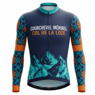 Maillot cycliste été Col de la Loze, manches longues bleu et orange motif montagne, design Courchevel Méribel Savoie, exclusivité LovingBike | LovingBike