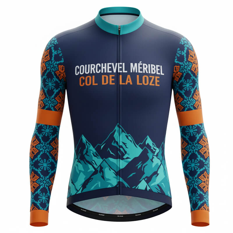 Maillot cycliste été Col de la Loze, manches longues bleu et orange motif montagne, design Courchevel Méribel Savoie, exclusivité LovingBike | LovingBike