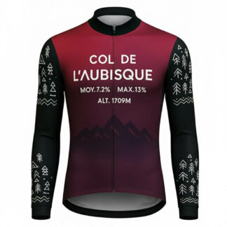 Maillot cycliste été Col de l’Aubisque, manches longues bordeaux noir, design montagne et sapins graphique, exclusivité LovingBike | LovingBike