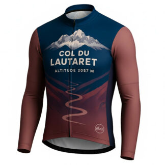 Maillot cycliste été Col du Lautaret, manches longues bleu bordeaux, design graphique montagne et route, exclusivité LovingBike | LovingBike