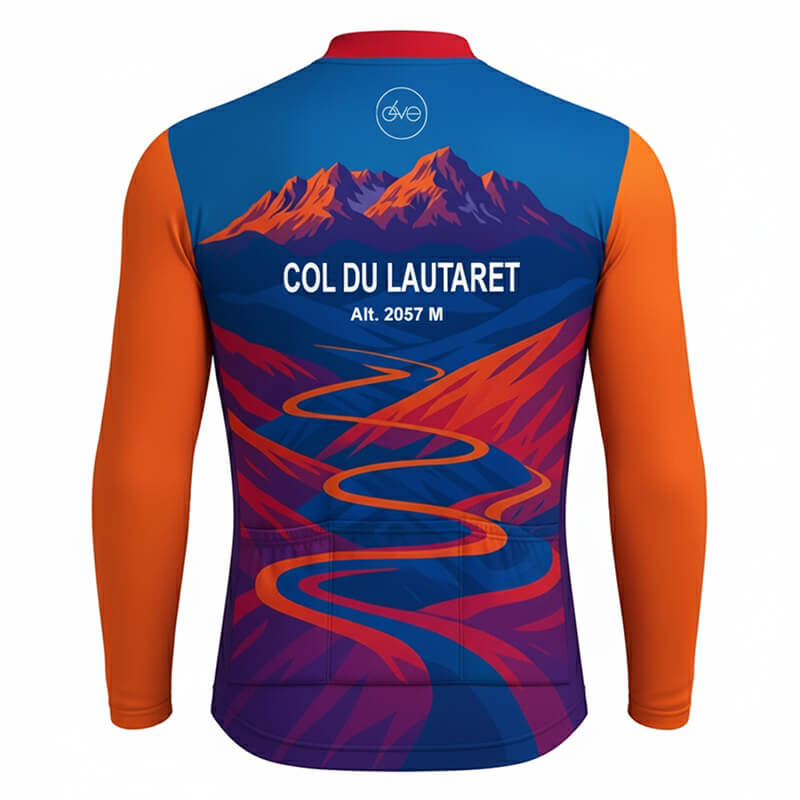 Maillot cycliste été Col du Lautaret, manches longues orange bleu fluo, tracé montagne graphique, exclusivité LovingBike | LovingBike