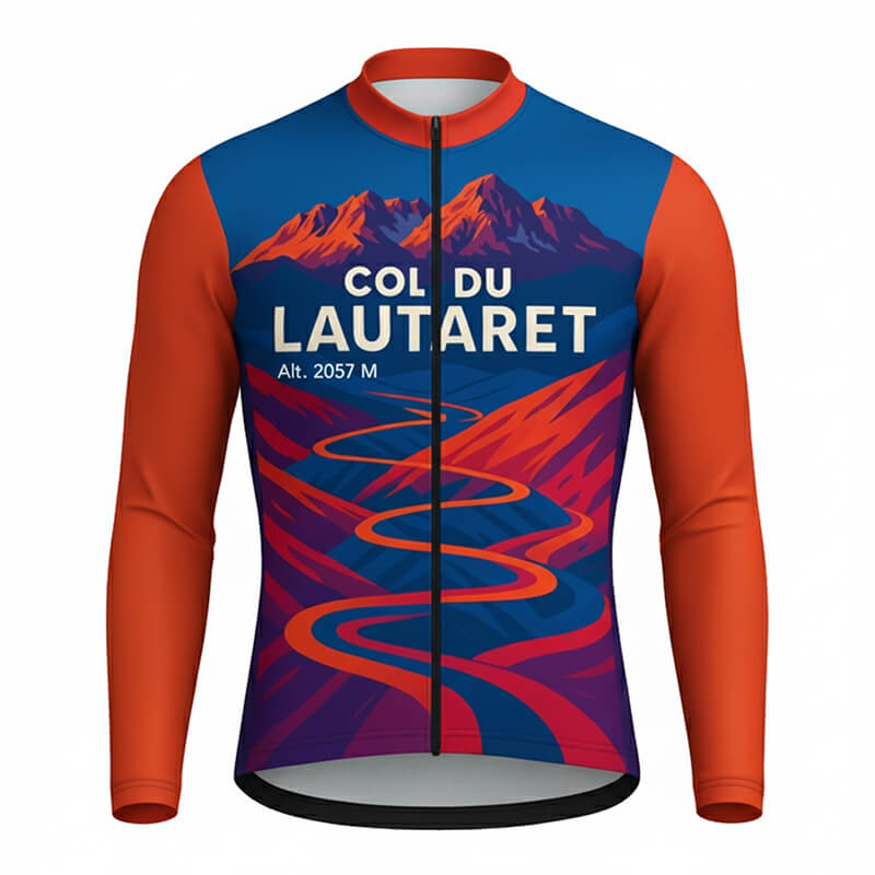Maillot cycliste été Col du Lautaret, manches longues orange bleu fluo, tracé montagne graphique, exclusivité LovingBike | LovingBike