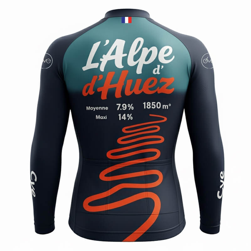 Maillot cycliste hiver Alpe d’Huez, manches longues polaire bleu rouge, design lacets montagne, grimpeur, exclusivité LovingBike | LovingBike