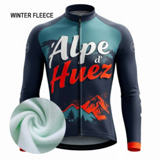 Maillot cycliste hiver Alpe d’Huez, manches longues polaire bleu rouge, design lacets montagne, grimpeur, exclusivité LovingBike | LovingBike