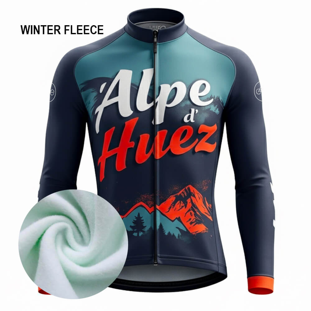 Maillot cycliste hiver Alpe d’Huez, manches longues polaire bleu rouge, design lacets montagne, grimpeur, exclusivité LovingBike | LovingBike