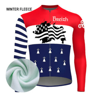 Maillot cycliste hiver Breizh, manches longues polaire marinière bleu blanc rouge, design Bretagne hermine, exclusivité LovingBike | LovingBike
