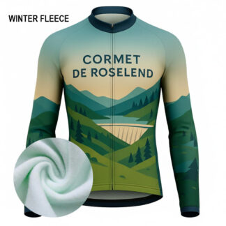 Maillot cycliste hiver Cormet de Roselend, manches longues polaire vert crème, design montagne et barrage, exclusivité LovingBike | LovingBike