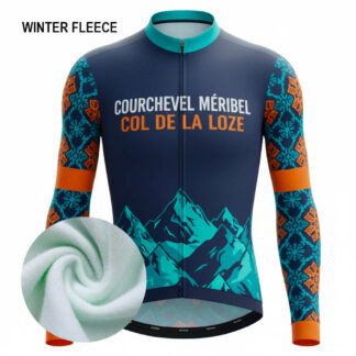 Maillot cycliste hiver Col de la Loze, manches longues polaire bleu orange, motifs graphiques montagne, exclusivité LovingBike | LovingBike