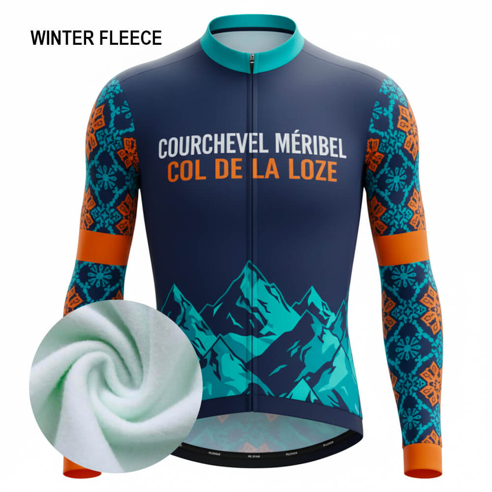 Maillot cycliste hiver Col de la Loze, manches longues polaire bleu orange, motifs graphiques montagne, exclusivité LovingBike | LovingBike