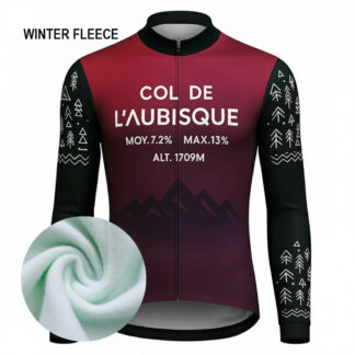 Maillot cycliste hiver Col de l’Aubisque, manches longues polaire bordeaux noir, design sapins montagne graphique, exclusivité LovingBike | LovingBike