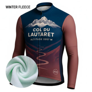 Maillot cycliste hiver Col du Lautaret, manches longues polaire bleu marron, design sommet montagne route, exclusivité LovingBike | LovingBike
