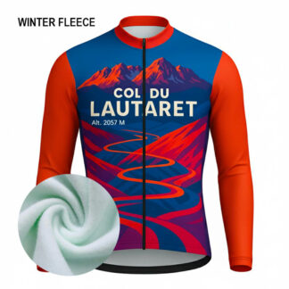 Maillot cycliste hiver Col du Lautaret, manches longues polaire orange bleu design montagne et route, exclusivité LovingBike | LovingBike