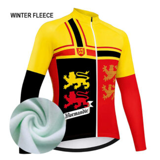 Maillot cycliste hiver Normandie, manches longues polaire jaune rouge noir, blason lions, doublure chaude, exclusivité LovingBike | LovingBike