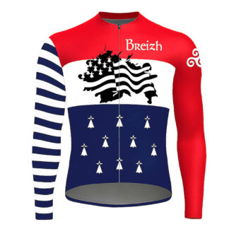 Maillot cycliste été Breizh Breton, manches longues marinière marine rouge, design blason Bretagne, exclusivité LovingBike | LovingBike