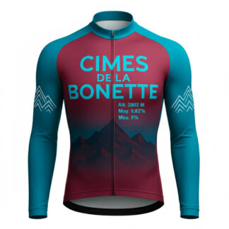 Maillot cycliste longue manche Cimes de la Bonette avec design montagne bordeaux et bleu, inscriptions altitude, coupe sportive, col mythique, exclusivité LovingBike | LovingBike
