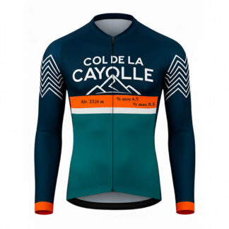 Maillot cycliste manches longues été Col de la Cayolle, design montagne bleu nuit, vert et orange, détails altitude, coupe technique estivale, exclusivité LovingBike | LovingBike
