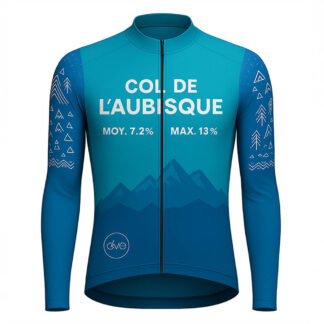 Maillot cycliste manches longues été Col de l’Aubisque, bleu graphique avec motifs montagne et forêt, détails altitude et pourcentages, exclusivité LovingBike | LovingBike
