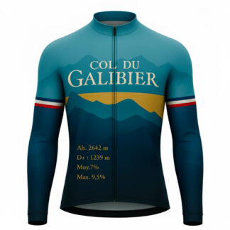 Maillot cycliste manches longues été Col du Galibier bleu panoramique, design montagne or, drapeau tricolore, détails altitude et dénivelé, exclusivité LovingBike | LovingBike