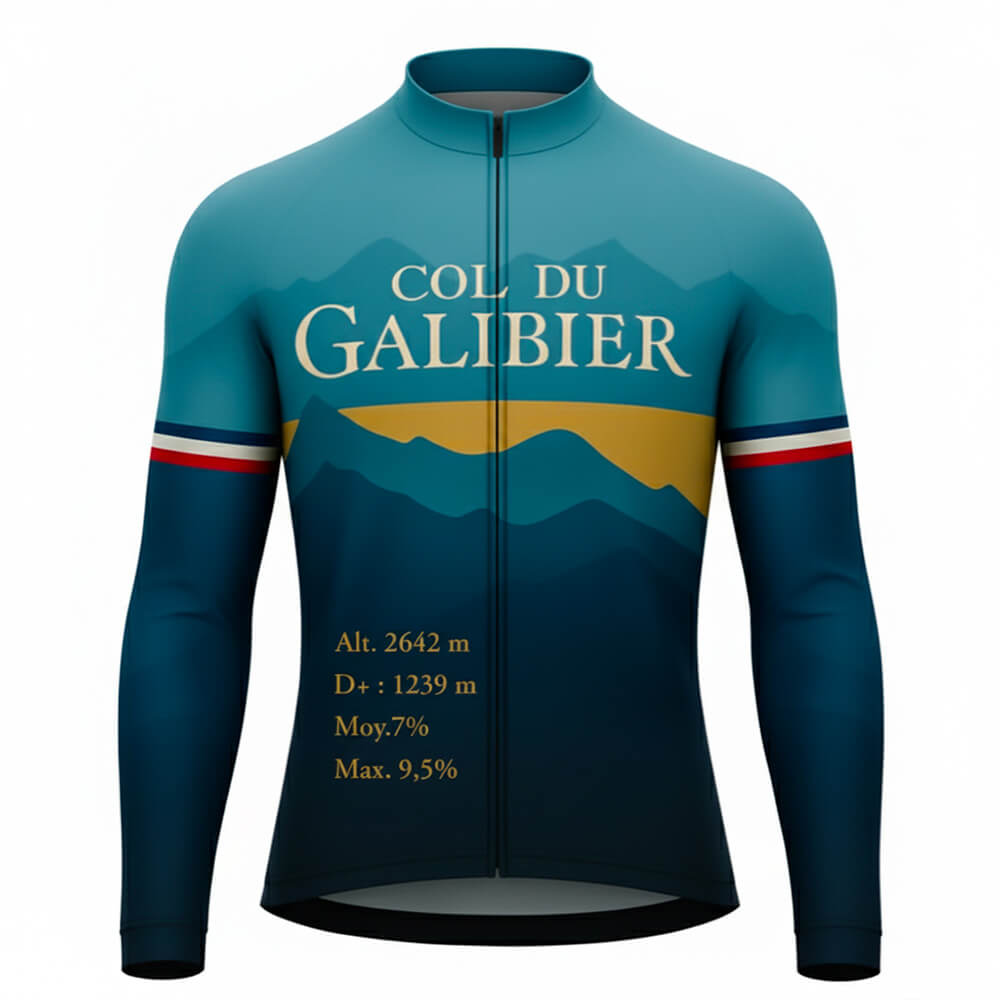 Maillot cycliste manches longues été Col du Galibier bleu panoramique, design montagne or, drapeau tricolore, détails altitude et dénivelé, exclusivité LovingBike | LovingBike