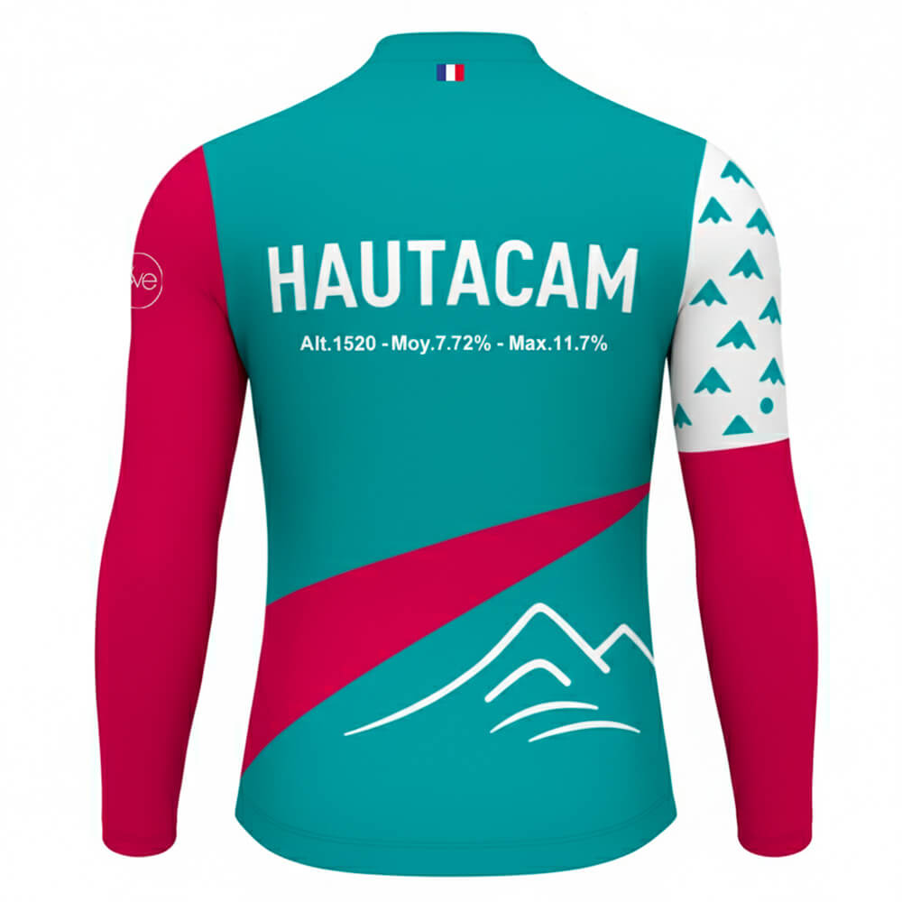 Maillot cycliste manches longues été Hautacam, design graphique turquoise, rose et blanc, motifs montagne, détails altitude et pentes, exclusivité LovingBike | LovingBike