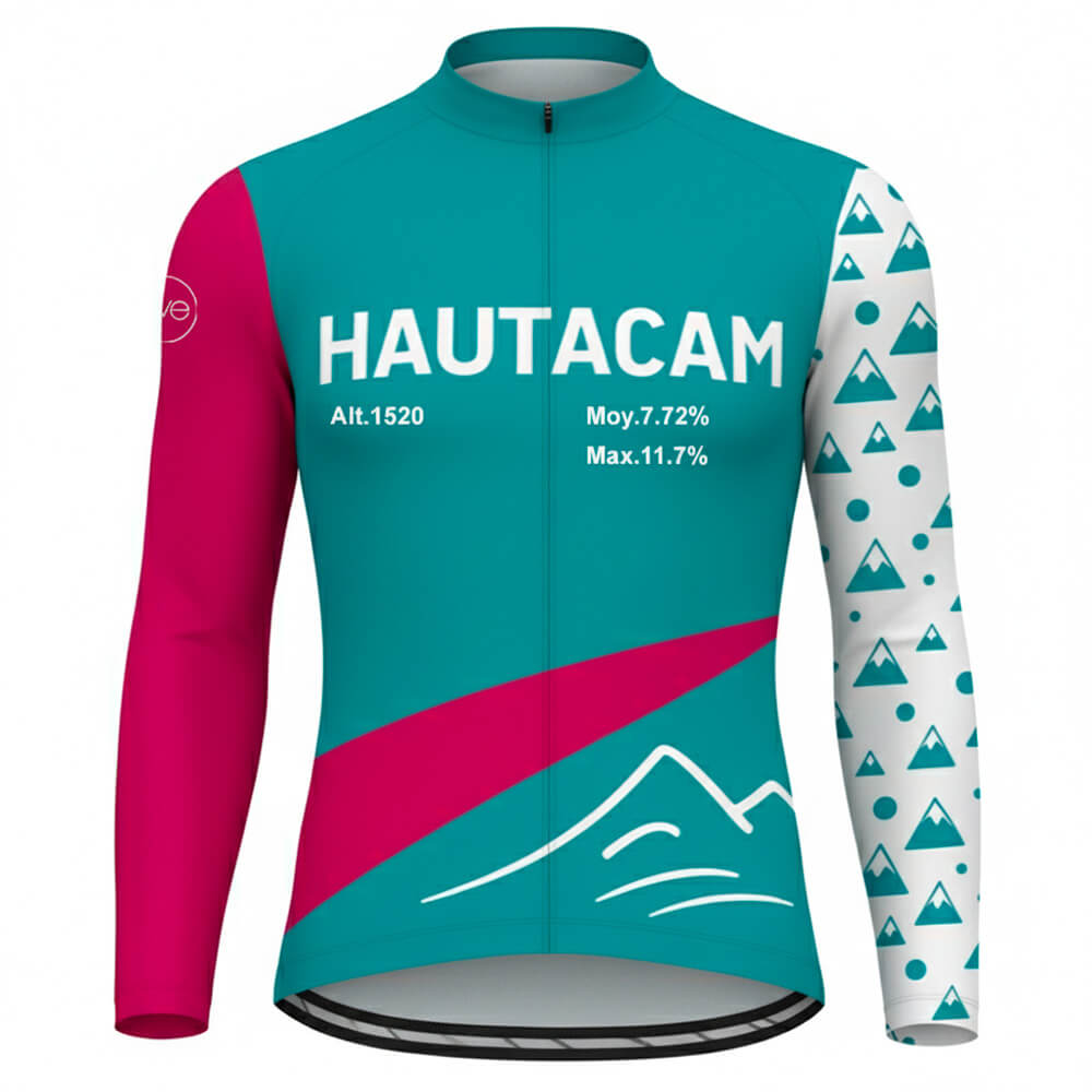 Maillot cycliste manches longues été Hautacam, design graphique turquoise, rose et blanc, motifs montagne, détails altitude et pentes, exclusivité LovingBike | LovingBike