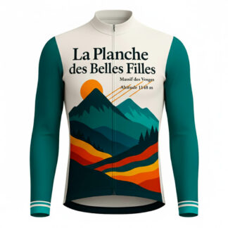 Maillot cycliste manches longues été Planche des Belles Filles crème et vert, design montagne nature Vosges, illustration coucher de soleil, exclusivité LovingBike | LovingBike