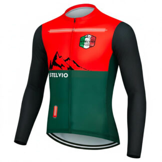 Maillot cycliste manches longues été Stelvio, design rouge, vert et noir avec badge Stelvio, motifs montagnes, manches texturées, exclusivité LovingBike | LovingBike