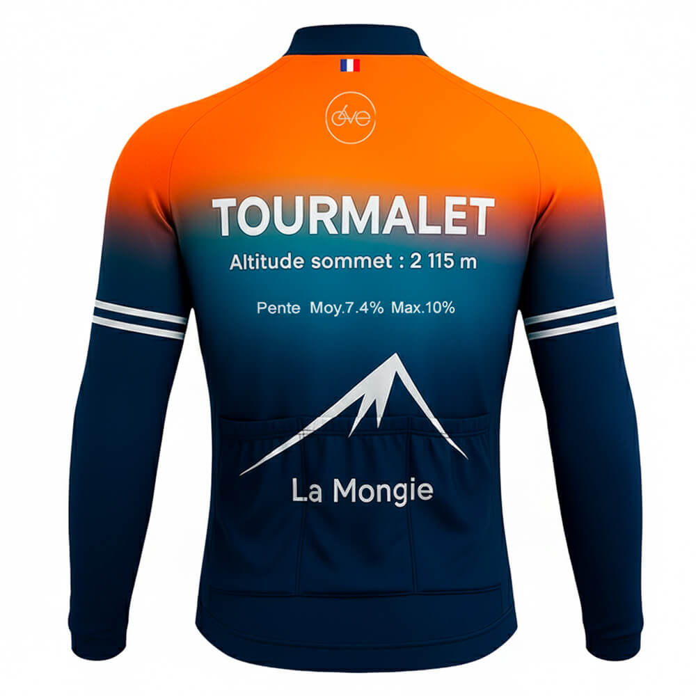 Maillot cycliste manches longues été Tourmalet dégradé orange et bleu, design montagne, détails altitude La Mongie, exclusivité LovingBike