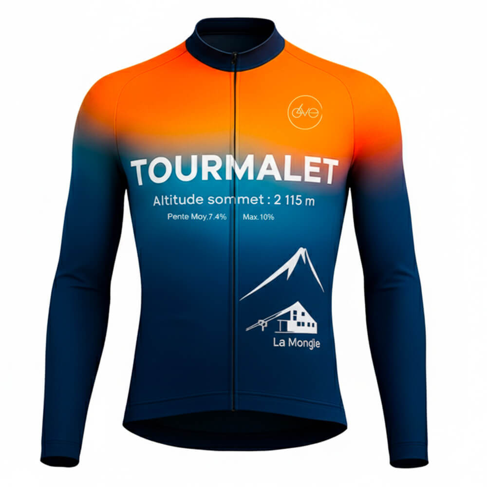 Maillot cycliste manches longues été Tourmalet dégradé orange et bleu, design montagne, détails altitude La Mongie, exclusivité LovingBike
