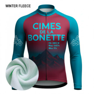 Maillot cycliste polaire hiver Cimes de la Bonette, manches longues bleu et bordeaux, doublé chaud, design montagne et altitude, exclusivité LovingBike | LovingBike