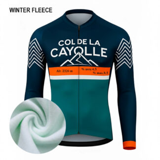 Maillot cycliste hiver Col de la Cayolle, manches longues bleu-vert, doublure polaire chaude, design montagne orange et blanc, exclusivité LovingBike | LovingBike